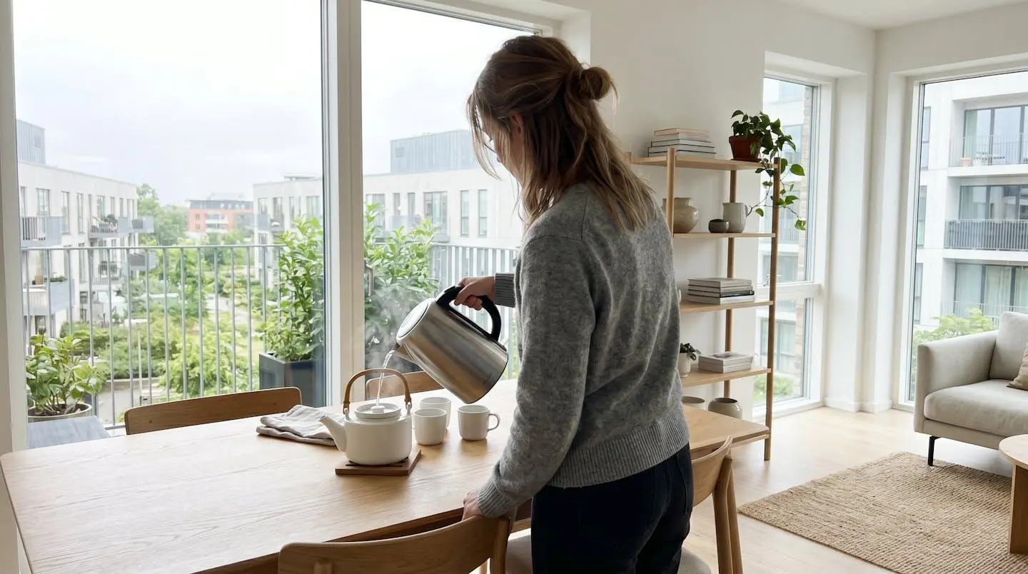 Personne vue de dos versant de l'eau chaude dans une théière en céramique sur une table épurée dans un intérieur lumineux contemporain