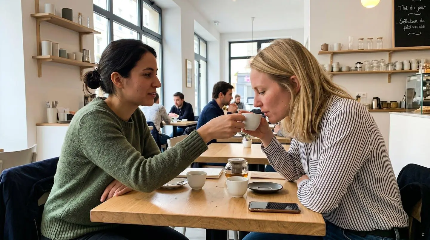 Deux personnes vues de profil partageant un moment de dégustation de thé, l'une tendant une tasse à l'autre dans un intérieur lumineux contemporain