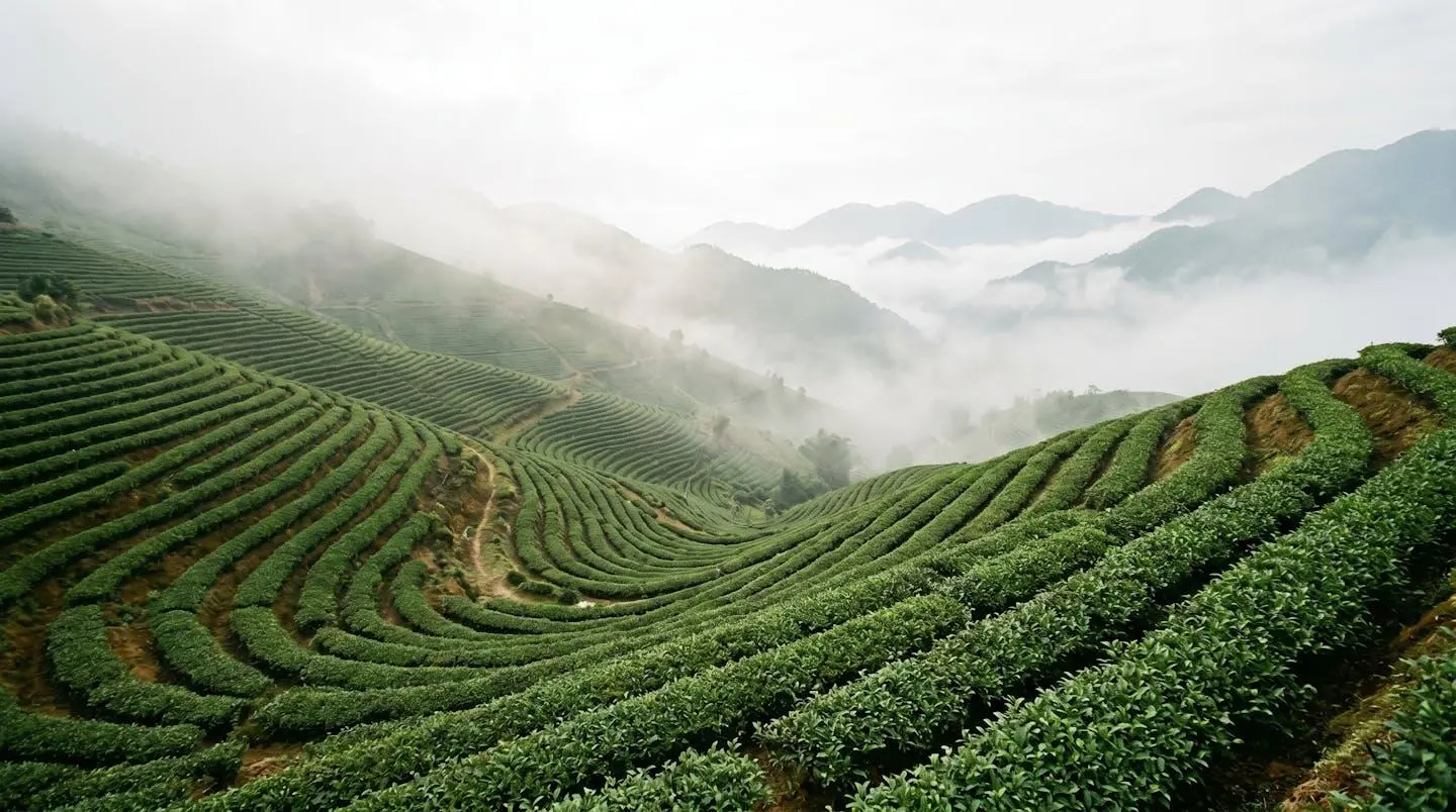 Plantation de thé en terrasses verdoyantes sur un versant de montagne enveloppé de brume matinale avec lumière naturelle douce